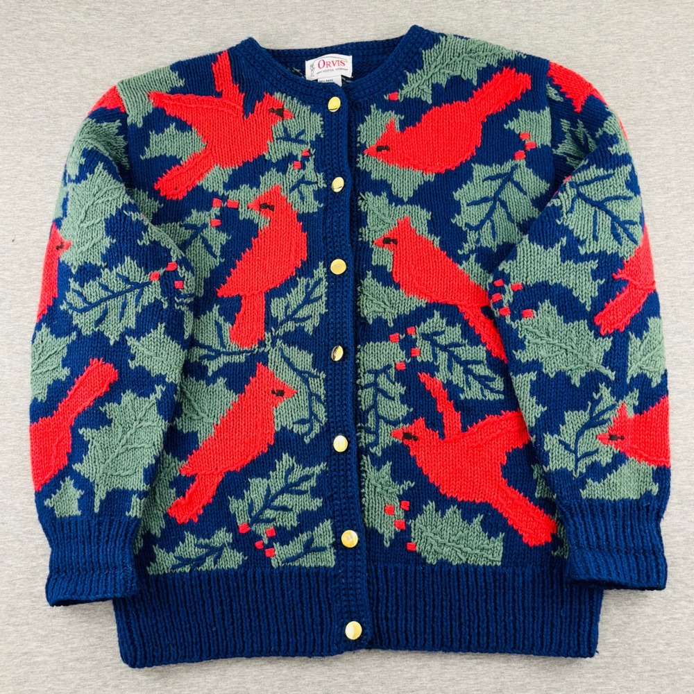 Vintage Orvis Hand Knit Cardinal Bird Cardigan Grandma Holiday Christmas M